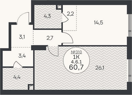 Планировка: 1-к, 60,7 м²