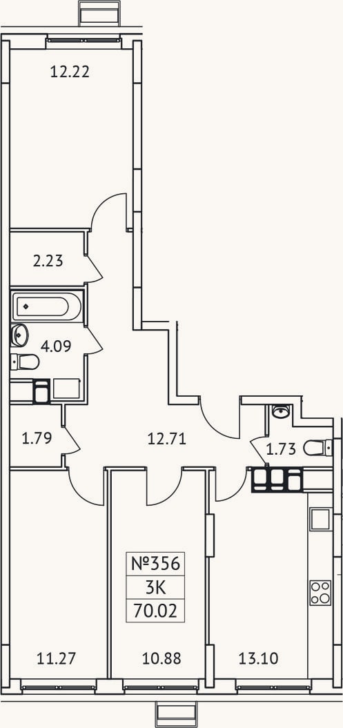 Планировка: 3-к, 70 м²