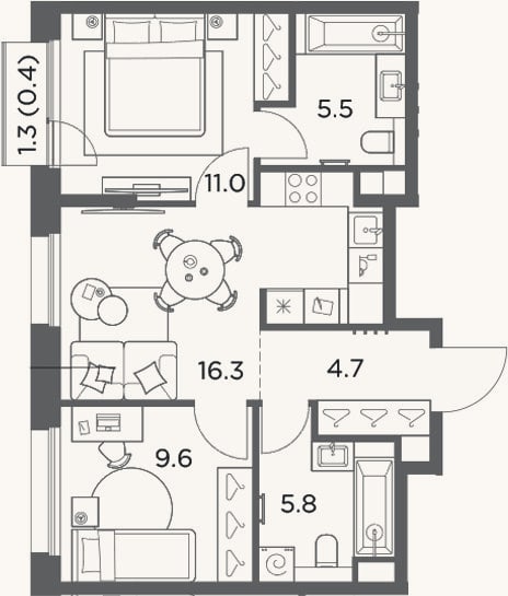 Планировка: 2-к, 52,9 м²