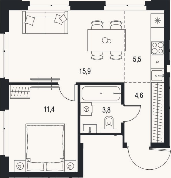 Планировка: 2-к, 41,2 м²