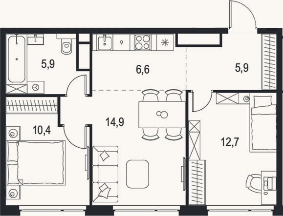 Планировка: 3-к, 56,4 м²