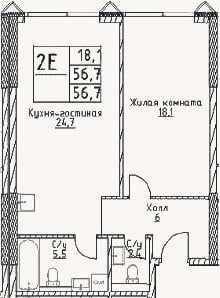Планировка: 2-к, 56,7 м²