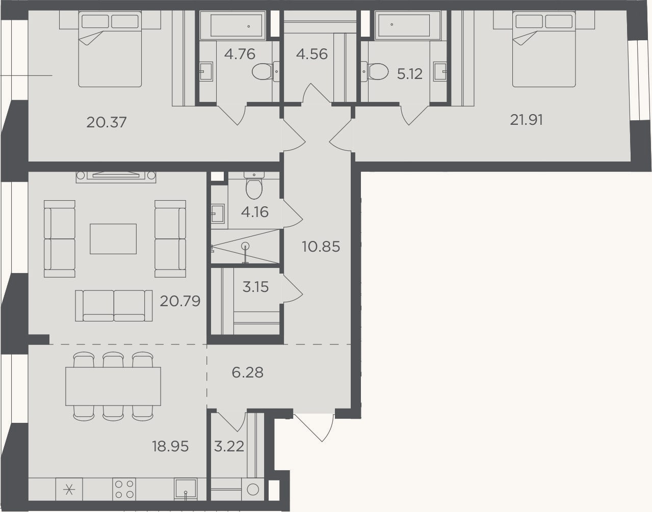 Планировка: 3-к, 124,1 м²