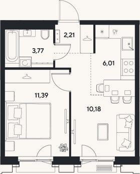 Планировка: 1-к, 33,6 м²