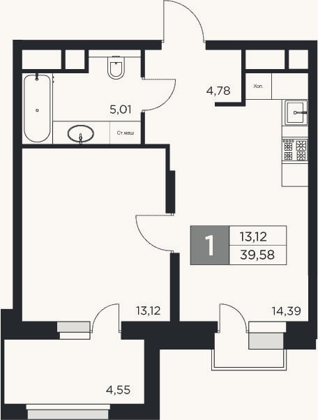Планировка: 1-к, 37,3 м²