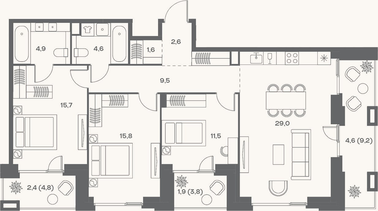 Планировка: 4+ к, 95,2 м²