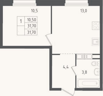 Планировка: 1-к, 31,7 м²