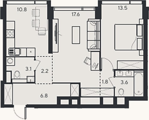 Планировка: 2-к, 59,4 м²