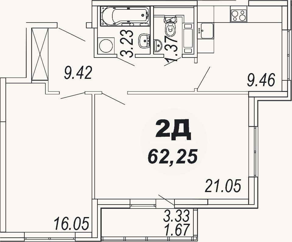 Планировка: 2-к, 60,6 м²