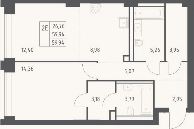 Планировка: 2-к, 59,9 м²