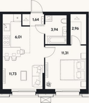 Планировка: 2-к, 37,6 м²