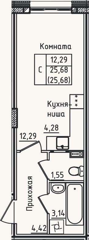 Планировка: Студия, 25,7 м²