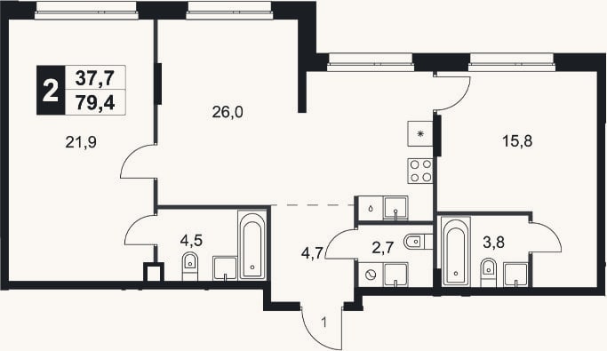 Планировка: 2-к, 79,4 м²