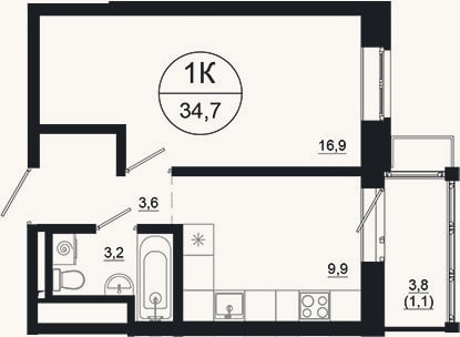 Планировка: 1-к, 33,6 м²