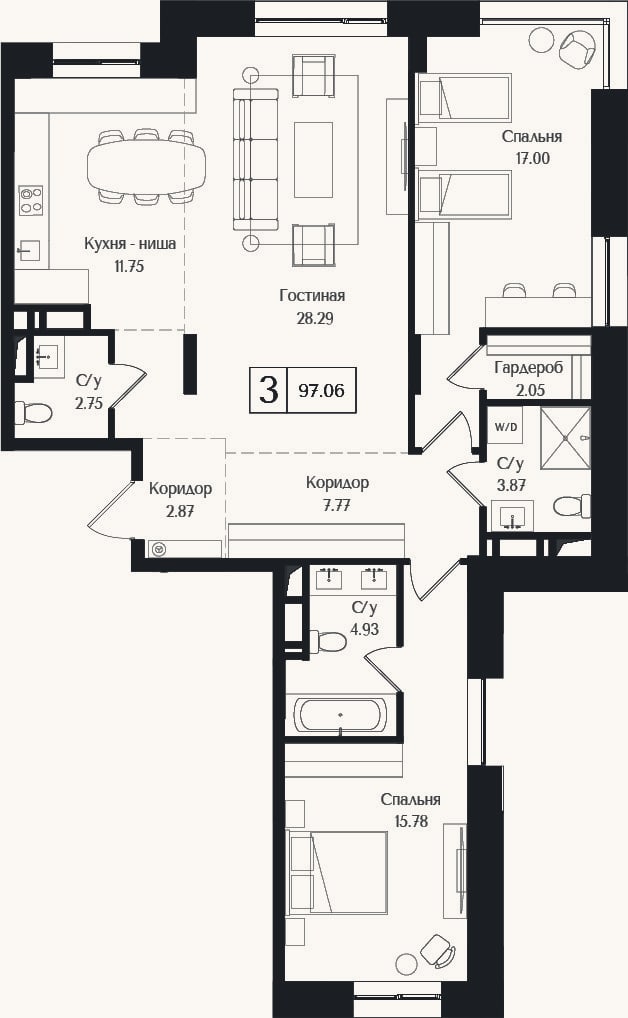 Планировка: 3-к, 97,1 м²