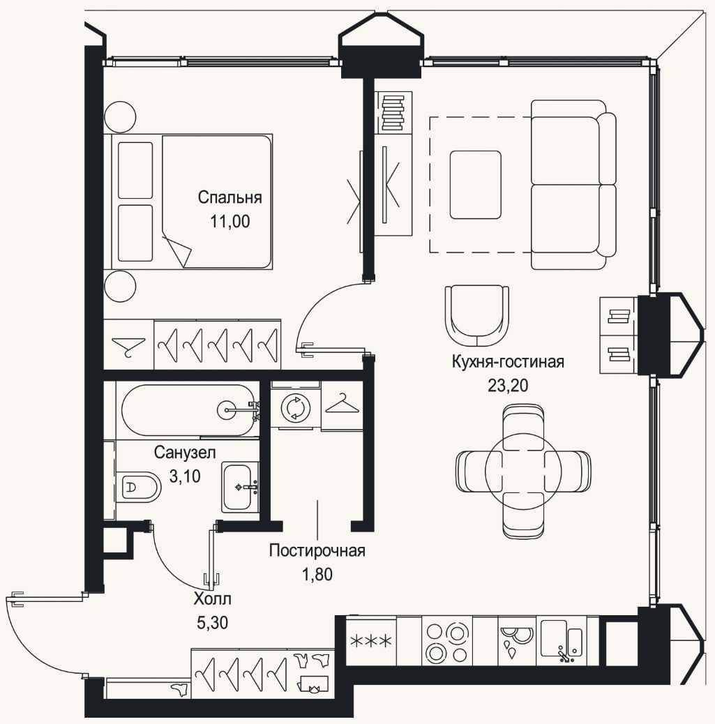 Планировка: 2-к, 44,4 м²