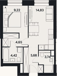 Планировка: 1-к, 42,5 м²