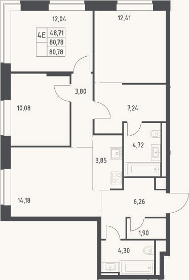 Планировка: 4+ к, 80,8 м²