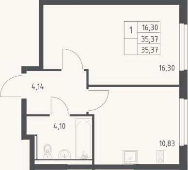 Планировка: 1-к, 35,4 м²