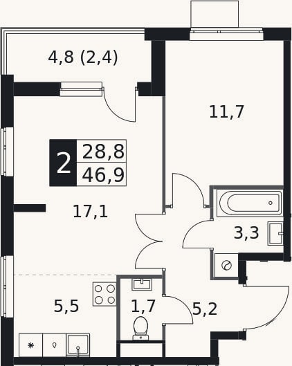 Планировка: 2-к, 44,5 м²
