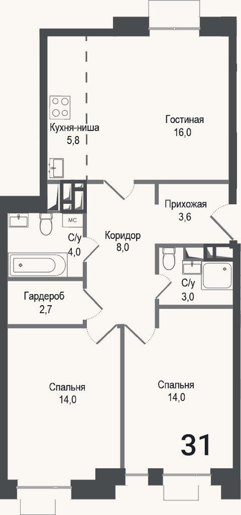 Планировка: 3-к, 70,3 м²