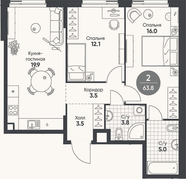 Планировка: 3-к, 63,8 м²