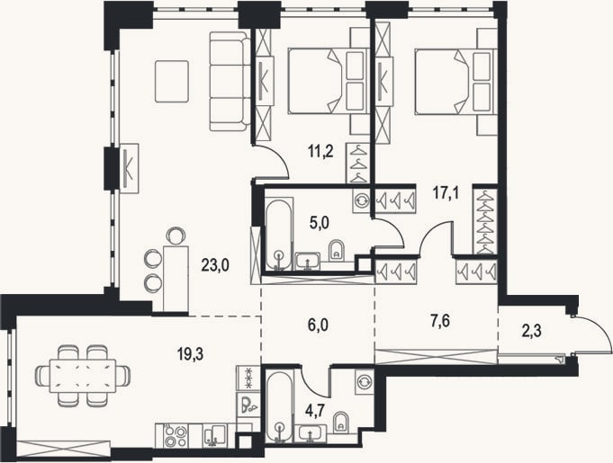 Планировка: 3-к, 96,2 м²