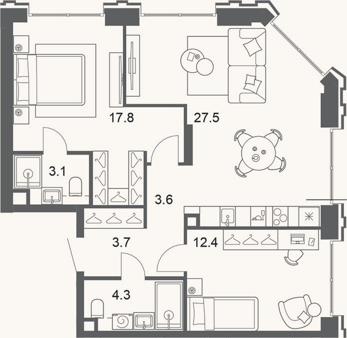 Планировка: 3-к, 72,4 м²