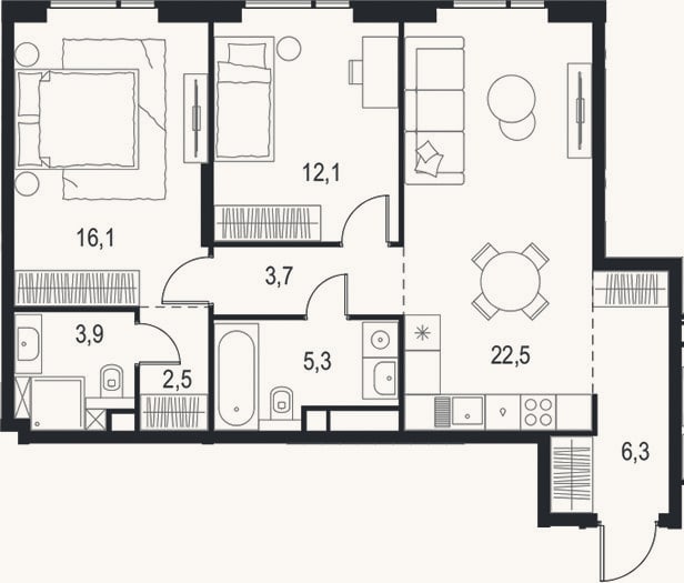 Планировка: 3-к, 72,4 м²