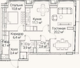 Планировка: 2-к, 62,5 м²