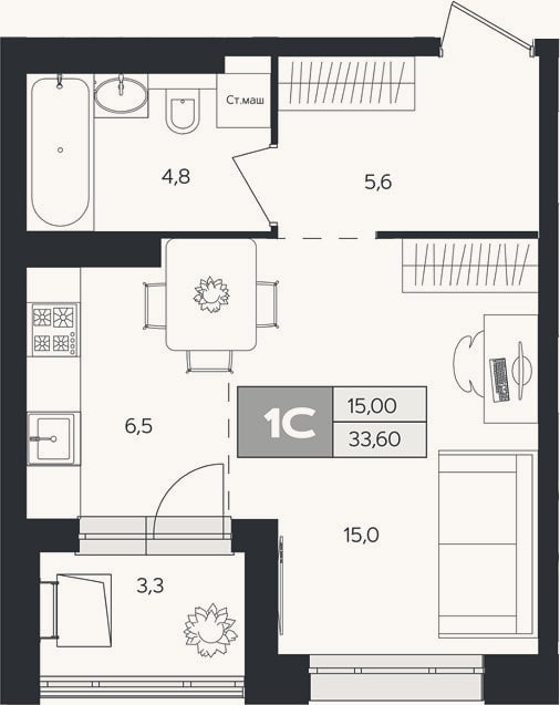 Планировка: Студия, 32 м²