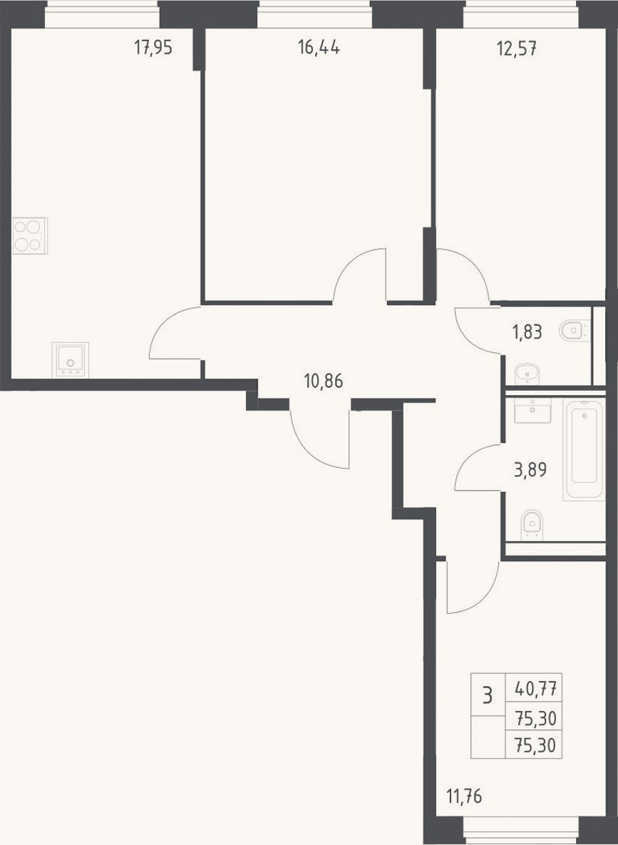Планировка: 3-к, 75,3 м²