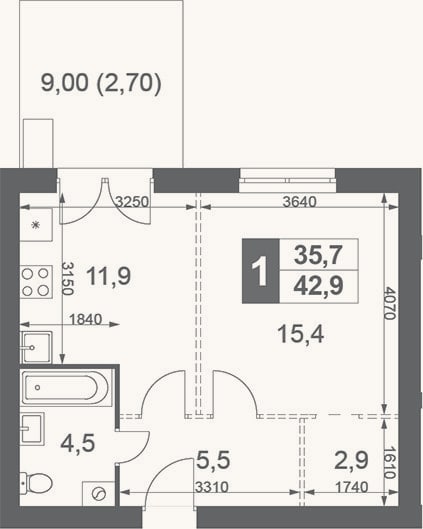 Планировка: 1-к, 40,2 м²