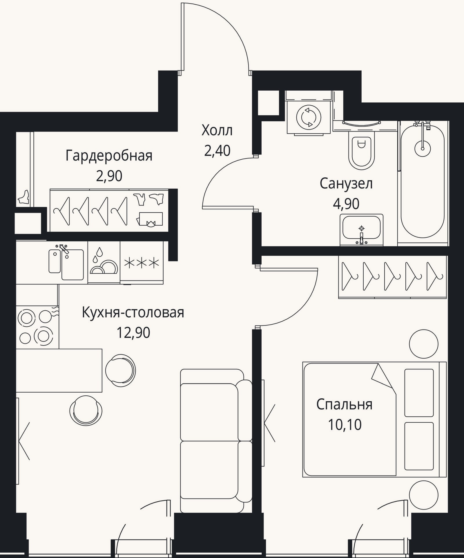 Планировка: 2-к, 32,2 м²