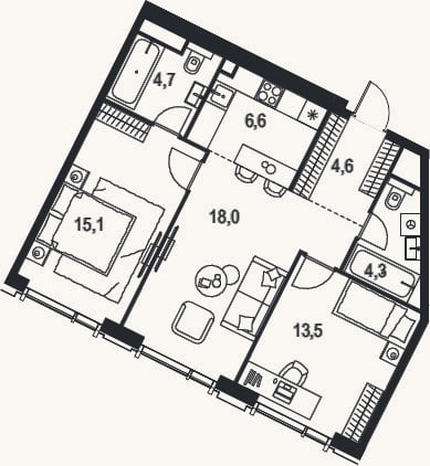 Планировка: 3-к, 66,8 м²
