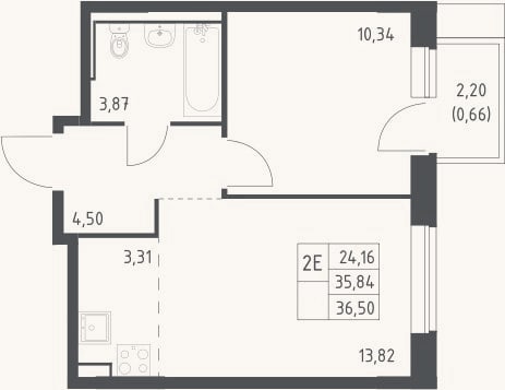 Планировка: 2-к, 35,8 м²