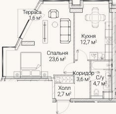 Планировка: 1-к, 46,7 м²
