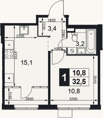 Планировка: 1-к, 32,1 м²