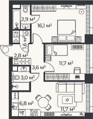 Планировка: 3-к, 60,2 м²
