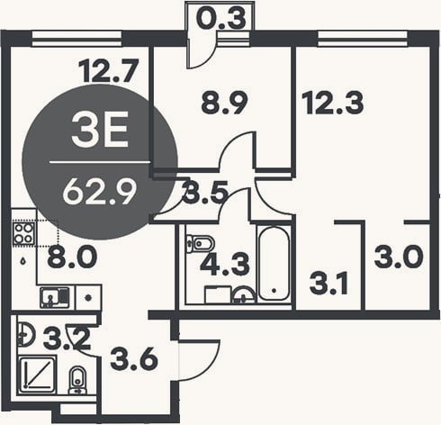 Планировка: 3-к, 62,6 м²