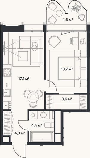 Планировка: 2-к, 43,1 м²