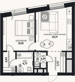 Планировка: 1-к, 56,8 м²