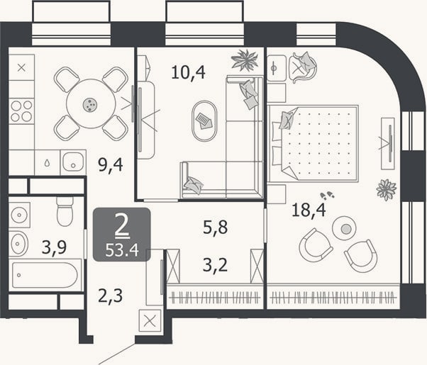 Планировка: 2-к, 53,4 м²