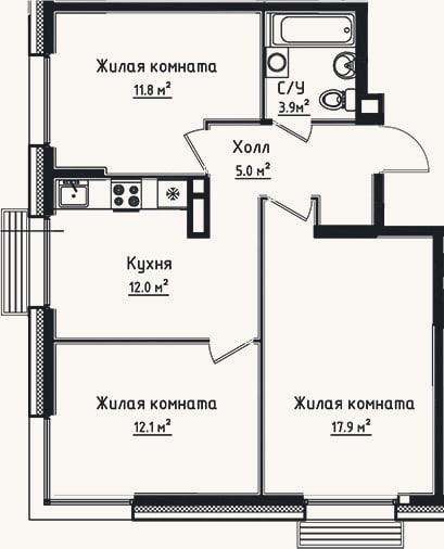 Планировка: 3-к, 62,7 м²