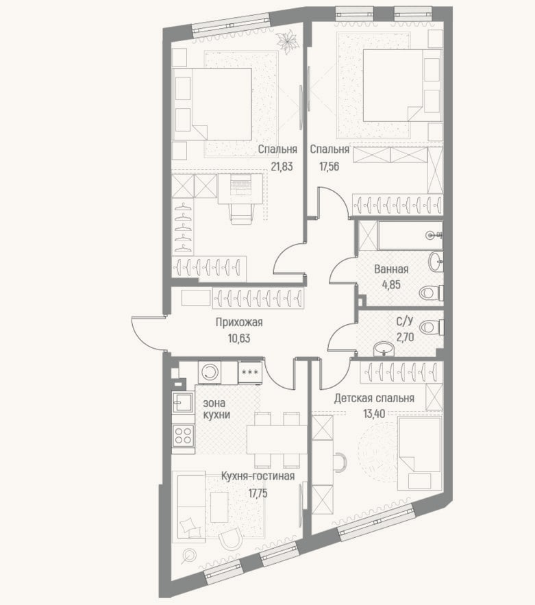 Планировка: 3-к, 88,8 м²