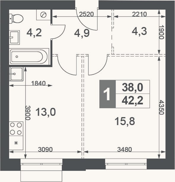 Планировка: 1-к, 42,2 м²