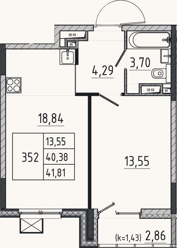 Планировка: 2-к, 40,4 м²