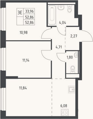 Планировка: 3-к, 52,9 м²