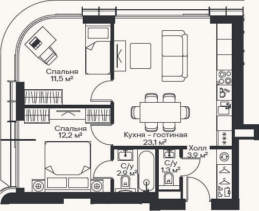 Планировка: 3-к, 53,6 м²