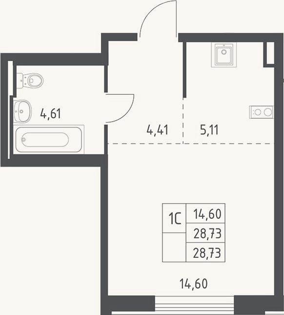 Планировка: Студия, 28,7 м²